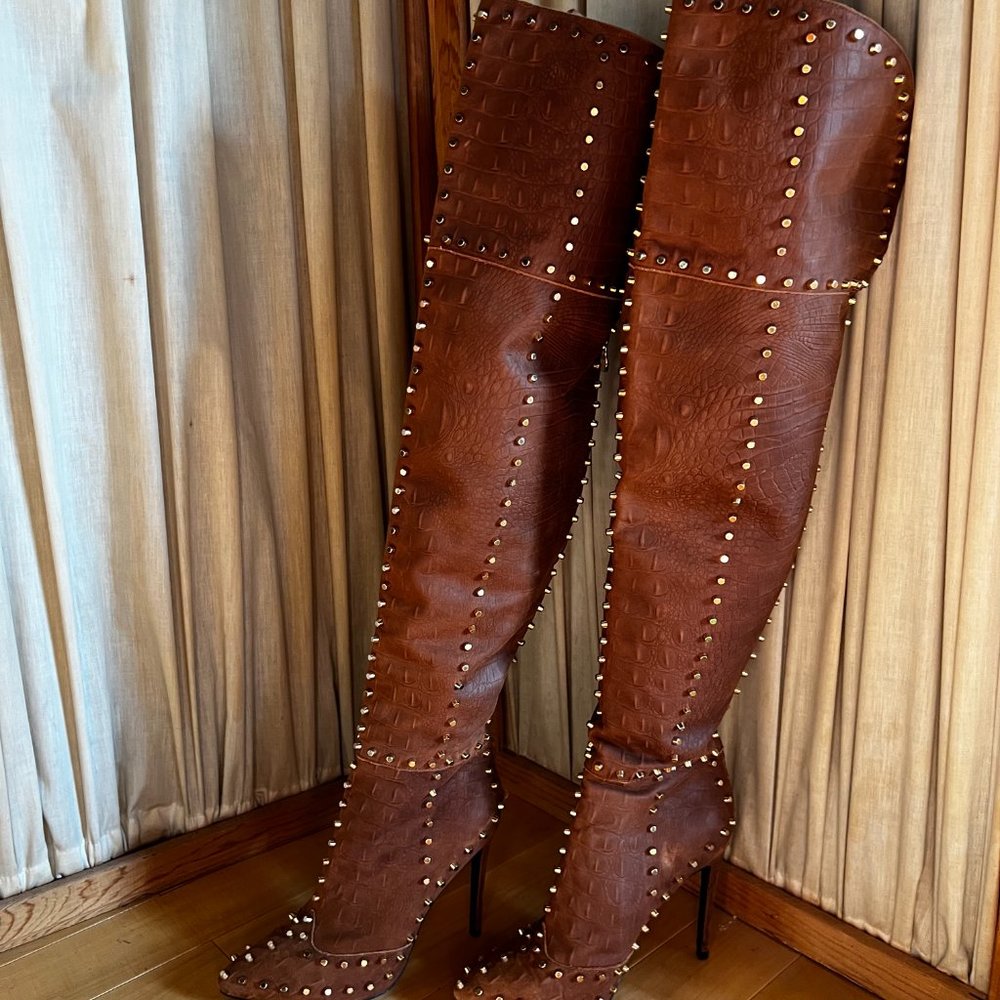 JENNIFER le Thigh High Boots Studden Leather Suede Designer Stilletto Heels - Picture 3 of 9